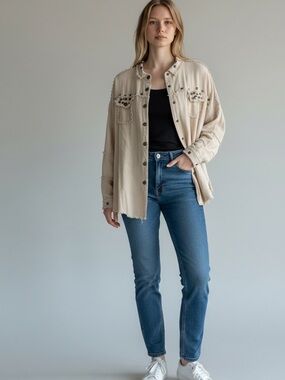 DAVI & DANI Cream Distressed Stud Utility Jacket